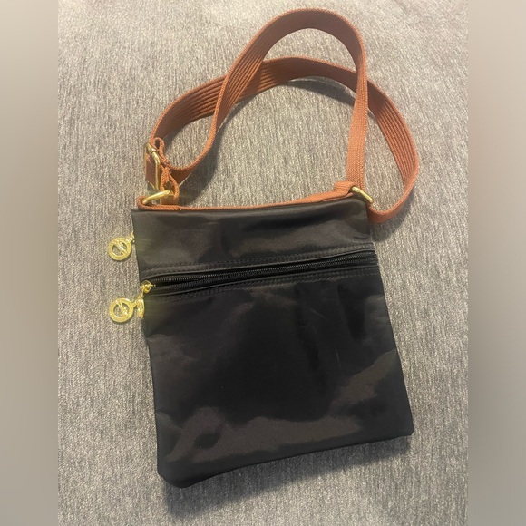 RARE Longchamp Le Pliage Nylon Black & Brown Folding Shoulder Bag FREE SHIPPING - Picture 2 of 14